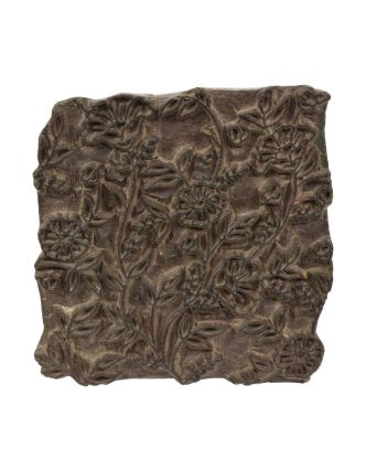 Antik dřevěná raznice na tisk přehozů s motivem květin, block print, 15x15x6cm
