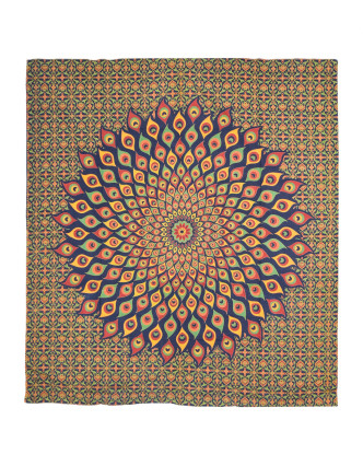 Přehoz na postel, pestrobarevná paví mandala, 230x202cm