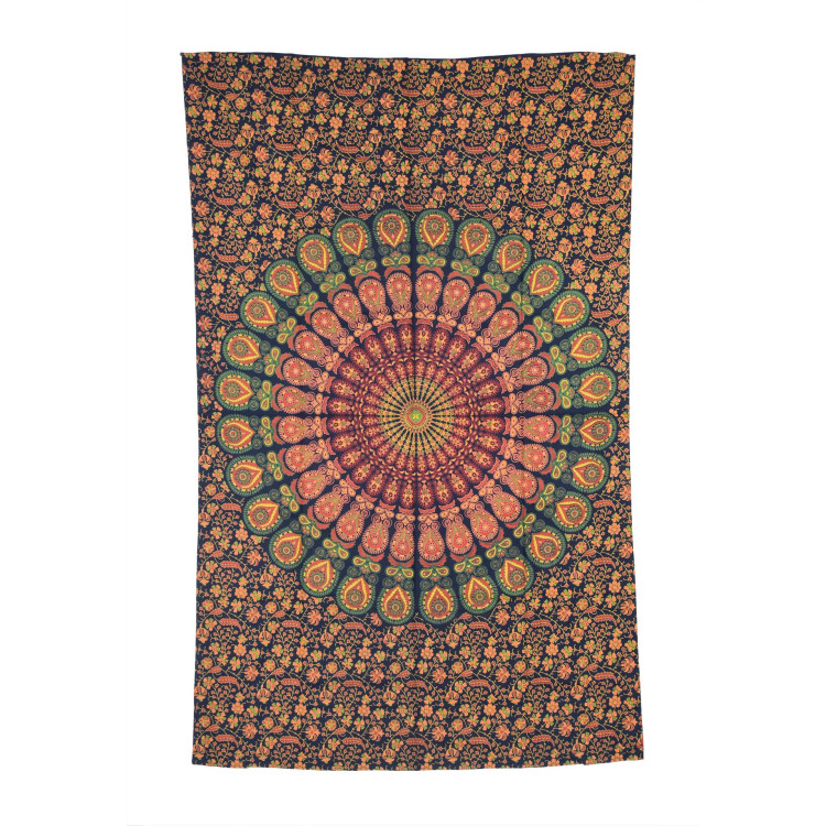 Přehoz na postel tmavě modrý "Barmery round Mandala" paví pera, 130x210cm
