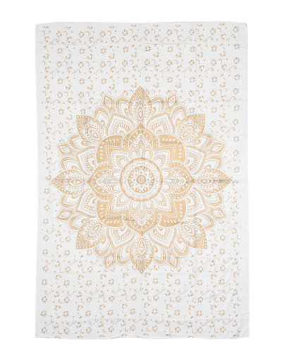 Přehoz s tiskem, bílý, zlatý tisk, květinová mandala, 204x136cm