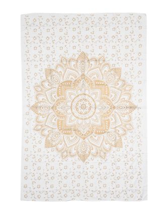 Přehoz s tiskem, bílý, zlatý tisk, květinová mandala, 204x136cm