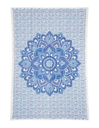 Přehoz s tiskem, květinová mandala, modrá, bílý podklad, 130x210cm
