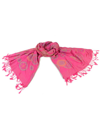 Šátek, kolečkový design, růžový, třásně, viskóza, 170x75cm