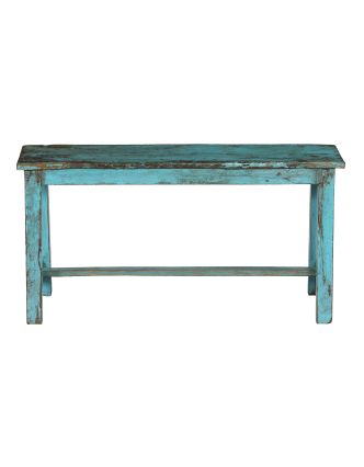 Stará lavička z teakového dřeva, tyrkysová patina, 91x24x46cm