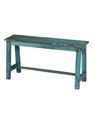 Stará lavička z teakového dřeva, tyrkysová patina, 91x24x46cm