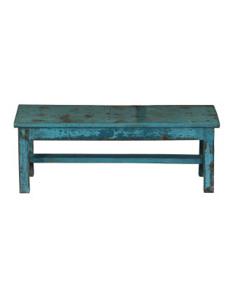 Stará lavička z teakového dřeva, tyrkysová patina, 76x26x28cm