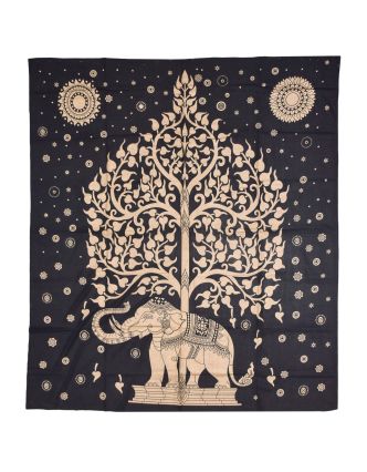 Přehoz s tiskem, strom života a slon, černo-zlatý, 230x200 cm