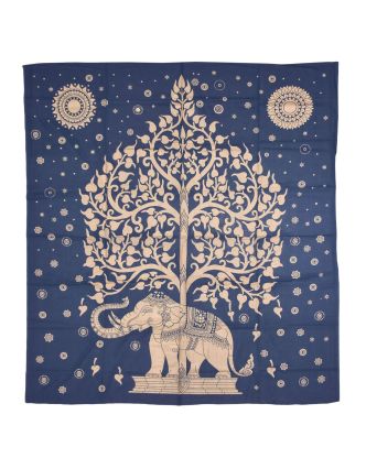 Přehoz s tiskem, strom života a slon, modro-zlatý, 230x200 cm