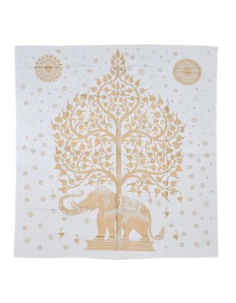 Přehoz s tiskem, strom života a slon, bílo-zlatý, 230x200 cm