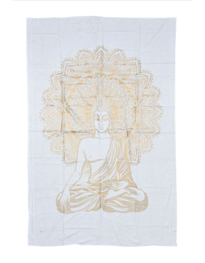 Přehoz na postel s tiskem, bílý a zlatý tisk, Buddha, 140x210cm