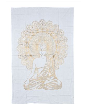 Přehoz na postel s tiskem, bílý a zlatý tisk, Buddha, 140x210cm