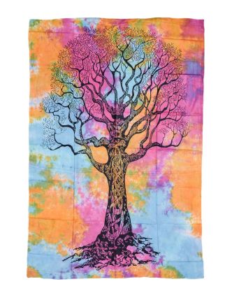 Přehoz s tiskem, Strom života, barevná batika, 140x210cm