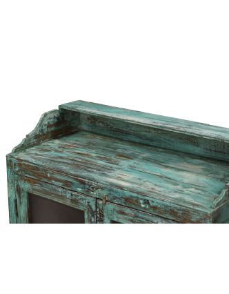 Prosklená skříňka z teakového dřeva, tyrkysová patina, 79x40x127cm