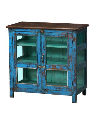 Prosklená skříňka z teakového dřeva, modrá patina, 81x42x80cm