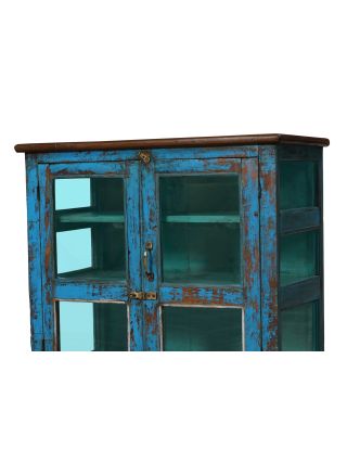 Prosklená skříňka z teakového dřeva, modrá patina, 81x42x80cm