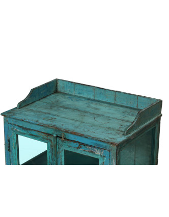 Prosklená skříňka z teakového dřeva, tyrkysová patina, 80x54x103cm