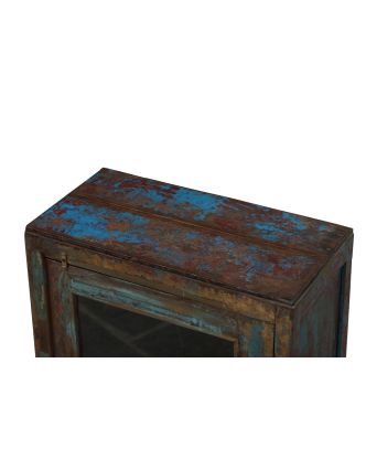 Prosklená skříňka z teakového dřeva, modrá patina, 62x31x78cm