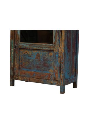 Prosklená skříňka z teakového dřeva, modrá patina, 62x31x78cm