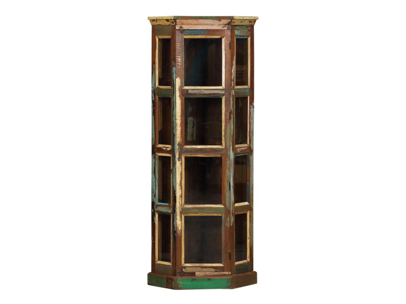 Rohová prosklená skříň z teakového dřeva v "Goa" stylu, 74x55x180cm