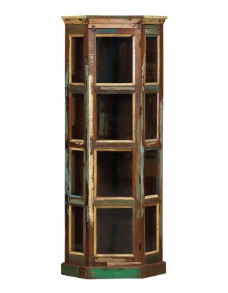 Rohová prosklená skříň z teakového dřeva v "Goa" stylu, 74x55x180cm