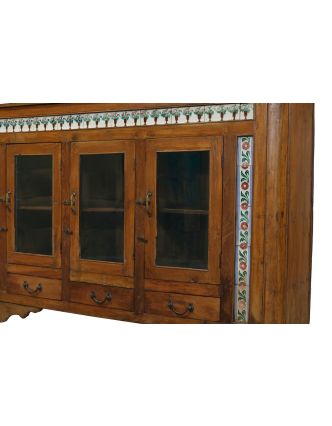Prosklená skříň z teakového dřeva, zdobená dlaždicemi, 171x38x110cm