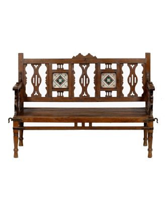 Stará lavička z teakového dřeva, zdobená dlaždicemi, 130x55x88cm