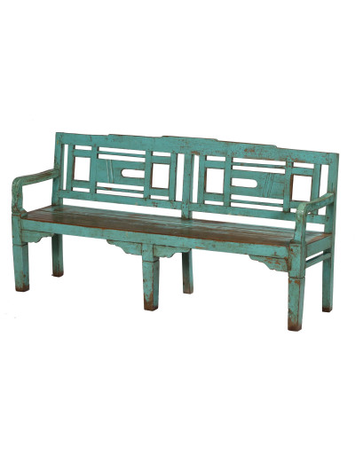 Stará lavička z teakového dřeva, tyrkysová patina, 184x50x93cm