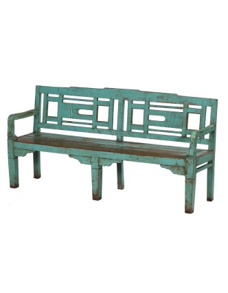 Stará lavička z teakového dřeva, tyrkysová patina, 184x50x93cm