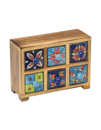 Dřevěná skříňka s 6 keramickými šuplíky, ručně malovaná, 22x11x11cm
