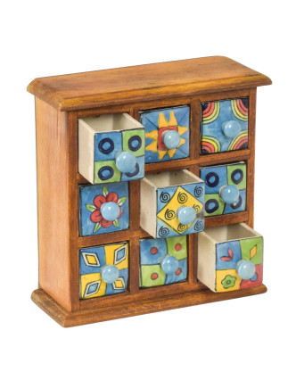 Dřevěná skříňka s 9 keramickými šuplíky, ručně malovaná, 24x11x24cm