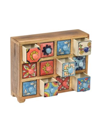 Dřevěná skříňka s 12 keramickými šuplíky, ručně malovaná, 29x11x24cm