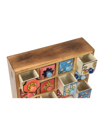 Dřevěná skříňka s 12 keramickými šuplíky, ručně malovaná, 29x11x24cm