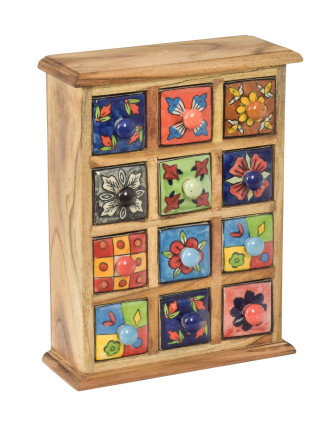 Dřevěná skříňka s 12 keramickými šuplíky, ručně malovaná, 24x11x31cm