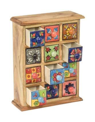 Dřevěná skříňka s 12 keramickými šuplíky, ručně malovaná, 24x11x31cm