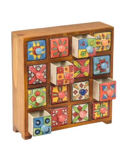 Dřevěná skříňka s 16 keramickými šuplíky, ručně malovaná, 29x11x30cm