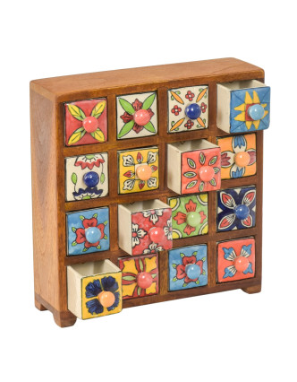 Dřevěná skříňka s 16 keramickými šuplíky, ručně malovaná, 29x11x30cm