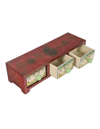 Dřevěná skříňka s 3 keramickými šuplíky, ručně malovaná, 36x14x10cm