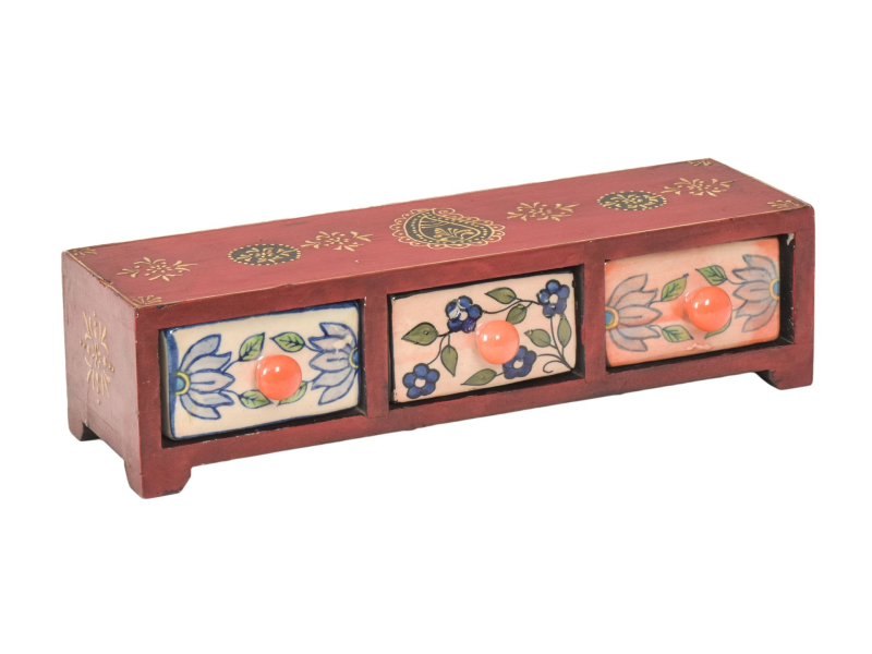 Dřevěná skříňka s 3 keramickými šuplíky, ručně malovaná, 36x14x10cm