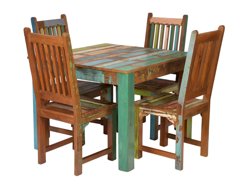 Jídelní stůl a 4 židle v "Goa" stylu, teak, recyklované dřevo, 100x100x76cm