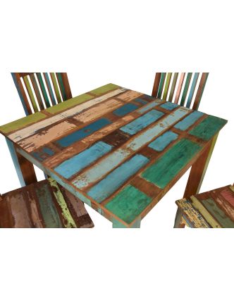 Jídelní stůl a 4 židle v "Goa" stylu, teak, recyklované dřevo, 100x100x76cm