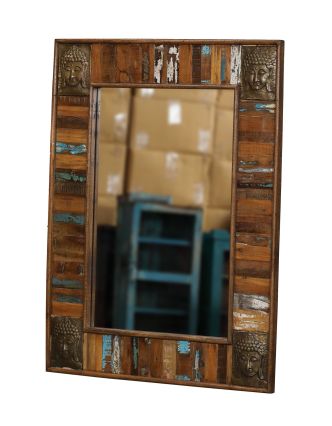 Zrcadlo v rámu z teakového dřeva zdobené reliéfy buddhů, 90x3x120cm