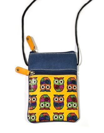 Malá kabelka "All owls", žlutá, ručně malovaná kůže, bavlna,16,5x11,5