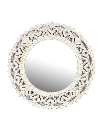 Kulaté zrcadlo v rámu z mangového dřeva, bílá patina, 75x3x75cm