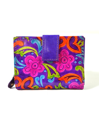 Peněženka design "Flowers", ručně malovaná kůže, fialová, 9x12cm