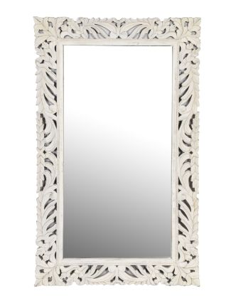 Zrcadlo v rámu z mangového dřeva, ručně vyřezávané, bílá patina, 90x3x150cm