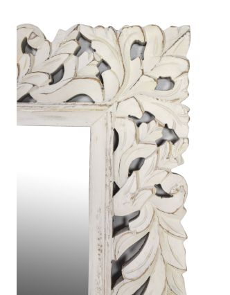 Zrcadlo v rámu z mangového dřeva, ručně vyřezávané, bílá patina, 90x3x150cm