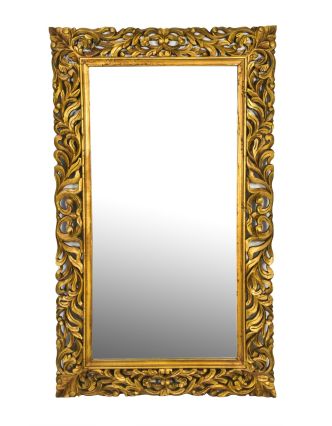 Zrcadlo v rámu z mangového dřeva, ručně vyřezávané, zlatá patina, 90x3x150cm