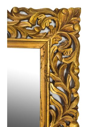 Zrcadlo v rámu z mangového dřeva, ručně vyřezávané, zlatá patina, 90x3x150cm