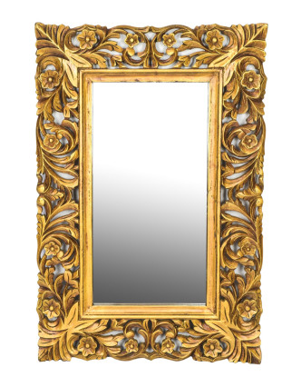 Zrcadlo ve vyřezávaném rámu, zlatá patina, mango, 60x3x90cm