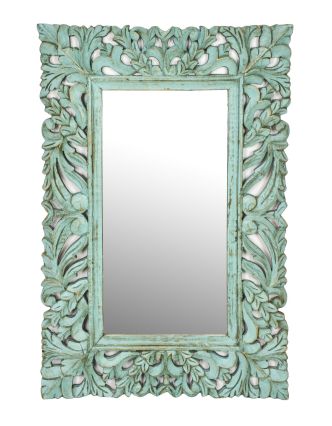 Zrcadlo ve vyřezávaném rámu, tyrkysová patina, mango, 60x3x90cm